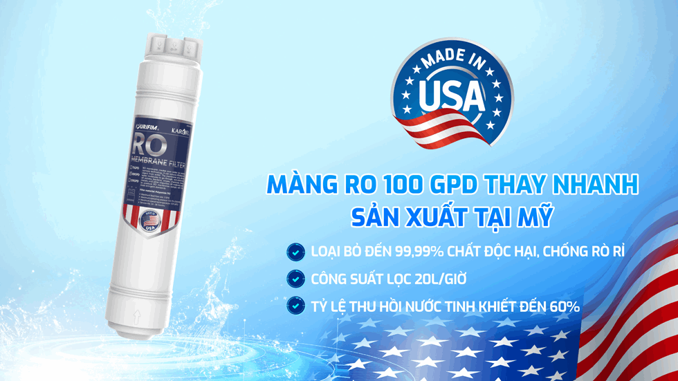 Máy lọc nước RO Karofi KAQ-U95 PRO màng ro 100gpd mỹ